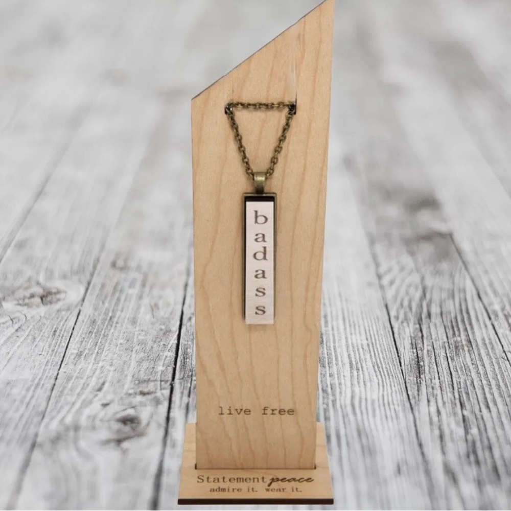 HANDMADE Necklace Artisan Wood “BAD ASS” Pendant Statement Organic & Gift Box